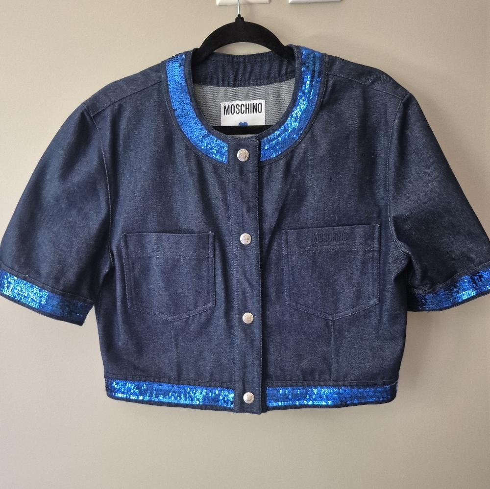 Moschino Jeans  Dark Blue Denim Jacket with Blue Sequin Accents Cropped 12